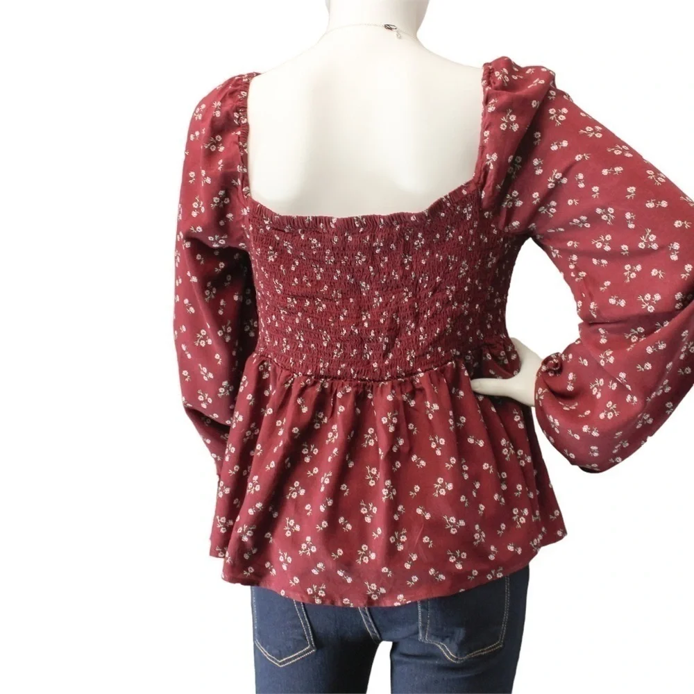 NEW! Aeropostale Women’s Long Sleeve Maroon Ditsy Floral Peasant Blouse Size L - Picture 4 of 9